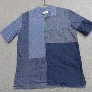 Nudie Jeans Mens Shirt Medium Blue Chambray Patchwork Loop Collar Portugal